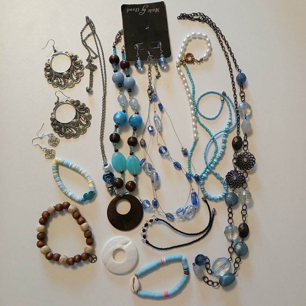 Boho Beachy Coastal Jewelry Lot 13pc Glass Wood Shell Beaded Necklaces Earrings